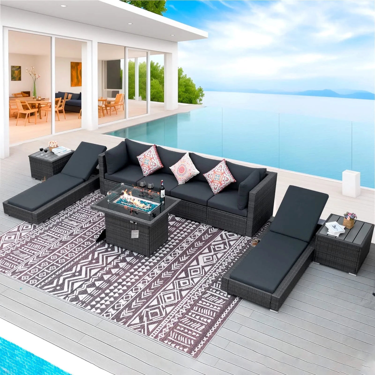 9 Piece Wicker Rattan Patio Sofa Set with Fire Pit Table K5345
